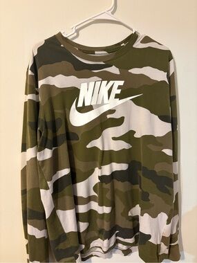Nike Olive Green Camo Long Sleeve Tee with White Logo